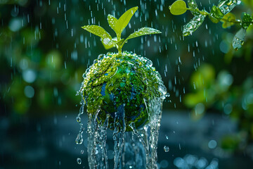 a beautiful small earth planet with green plants and raining over