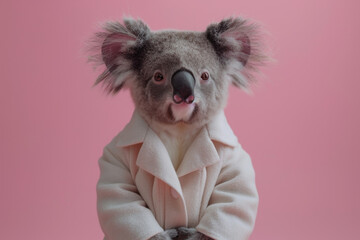 Fashionable Koala in Elegant Cream Coat on Pink Background