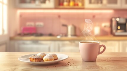 Cozy Morning Coffee Scene with Fresh Pastries on Wooden Table - obrazy, fototapety, plakaty