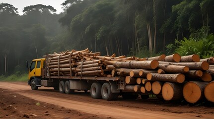 gandu bahia brazil october 6 2022 truck loading wood log from deforestation of rainforest in southern Bahia.generative.ai