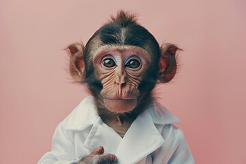 Curious Baby Monkey in White Lab Coat on Pink Background