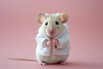 Adorable White Lab Mouse Dressed in Miniature Coat on Pink Background