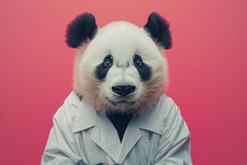 Eccentric Person in Panda Head Mask and White Coat on Pink Background