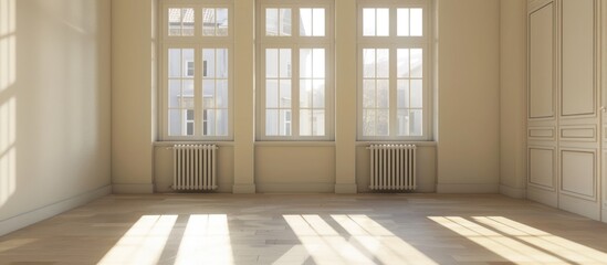 Fototapeta premium The inside of a vacant room in a contemporary unfurnished apartment features white walls and a radiator near a window.