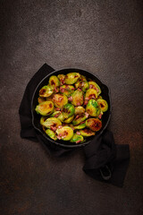 roasted brussels sprouts, with bacon, vegetarian food, homemade, no people,