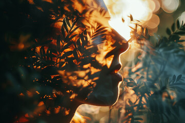 Enigmatic Silhouette of a Woman Blending with Nature at Sunset - obrazy, fototapety, plakaty