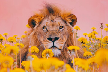 Majestic Lion Amidst Vibrant Yellow Dandelions on Pink Background