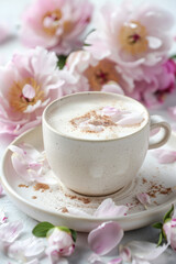 Obraz na płótnie Canvas Springtime Cappuccino Amidst Blooming Pink Peonies