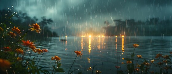 Rainy waterside landscape with orange flowers blooming and light visible on the other side