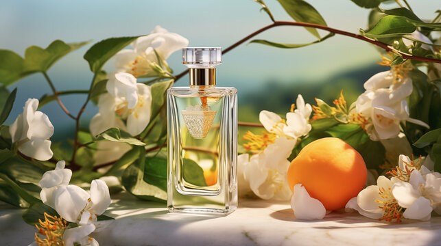 Petit flacon de parfum entour&eacute; de plantes et fleurs blanches et fruits. Arri&egrave;re-plan vert, nature. Ombre et lumi&egrave;re. Nature, beaut&eacute;, cosm&eacute;tique, soin. Fond pour conception et cr&eacute;ation graphique.