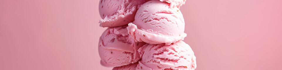 Towering Scoops of Strawberry Ice Cream on Pink Background
