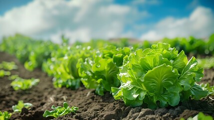 Green lettuce on field agriculture with blue sky. Organic seedling or sapling lettuces in the field, lettuce cultivation, green leaves