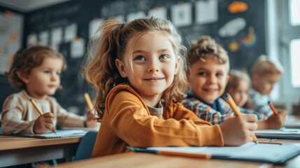 primary elementary school group of children studying in the classroom. learning and sitting at the desk. young cute kids smiling, high quality photo - obrazy, fototapety, plakaty