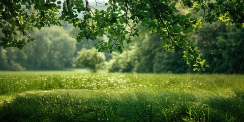 A peaceful scene of trees in a grassy field. Suitable for nature themes