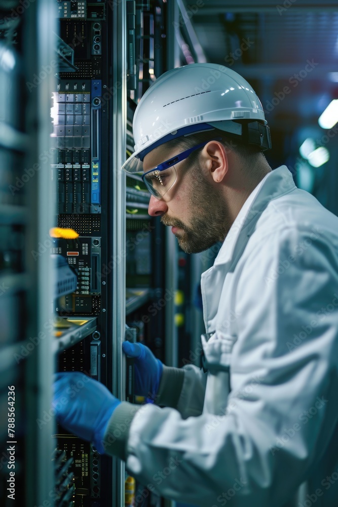 Aufkleber A man in a hard hat and glasses working on a server. Ideal for technology and engineering concepts