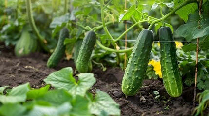 Obraz premium Green cucumber grow in the vegetable garden in sunny day