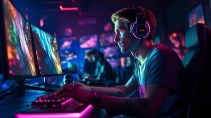 Fototapeta na wymiar pro gamer man in headphones live streaming while playing online computer game, neon lights, esports, gaming, monitor, play, young, player, internet, enjoyment, cyber,.