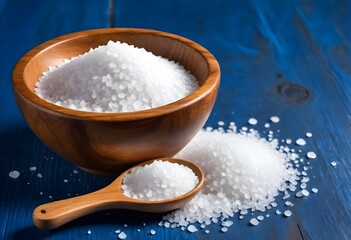 A wooden bowl filled with white salt on a blue wooden surface with a wooden spoon containing salt in front of it and some salt scattered around