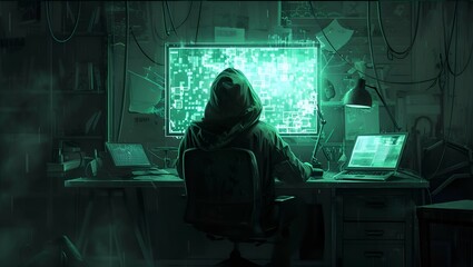 A young man in a hood, a hacker programmer, works with programs to hack laptops and websites, sitting at a network of computers in a dark room. Illustration of digital painting - obrazy, fototapety, plakaty