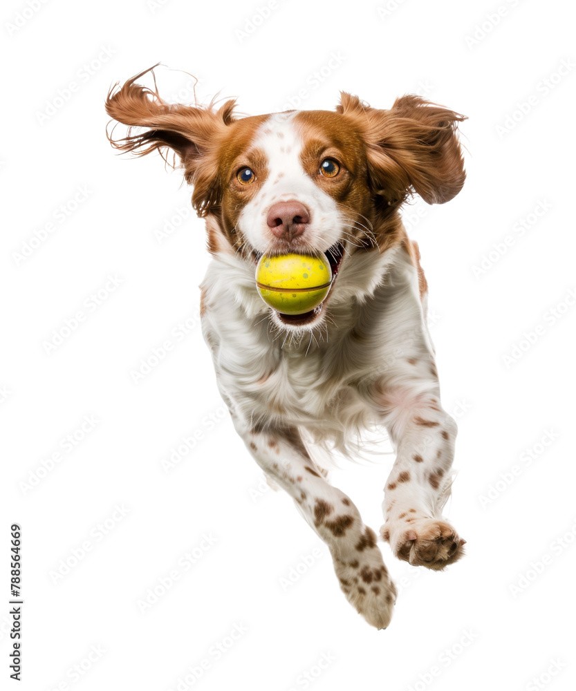 Wall mural Brittany spaniel dog playing with ball isolated on transparent background