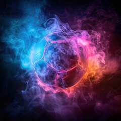 football, soccer ball with neon  and smoke dark background 