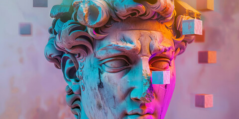 Colorful Neon Lit Classical Statue with Abstract Elements