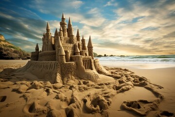 Sun-kissed Beach sandcastle. Sea tropical resort. Generate Ai