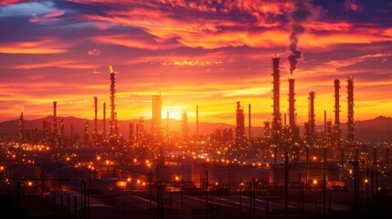 The warm hues of sunset cast a dramatic backdrop for the intricate silhouette of a bustling oil refinery.