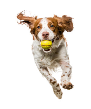 Brittany spaniel dog playing with ball isolated on transparent background