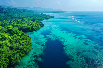 Fototapeta premium Aerial view of a vibrant landscape showcasing the successful restoration of forests, wetlands, and reefs