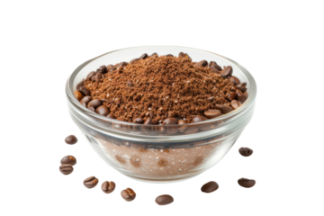 Ground coffee in a glass cup
isolated on white background