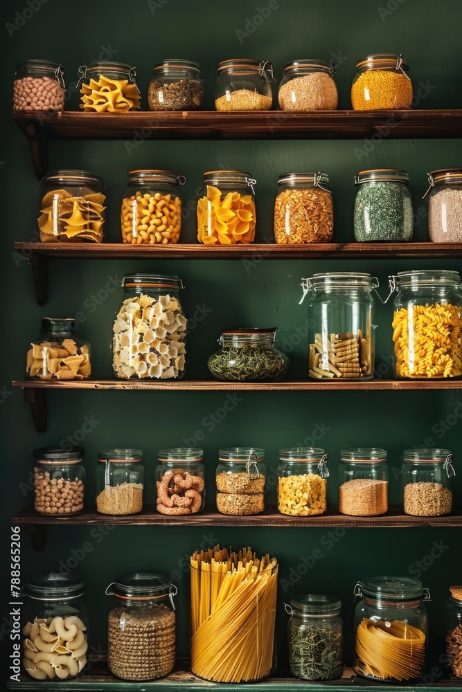 Aufkleber various types of food displayed on a shelf. suitable for food and grocery store concepts