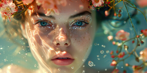 Ethereal Woman Submerged in Floral Water with Glittering Eyes