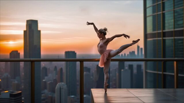 A graceful ballerina dances on a rooftop overlooking a glittering city skyline at sunset, surrounded by skyscrapers and twinkling lights, with a sense of freedom and escape, 