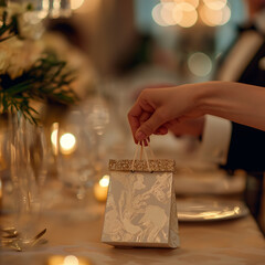Hand reaching for a goodie bag at a wedding reception, Detail on the hand and the stylishly decorated bag, Romantic and festive wedding setting - obrazy, fototapety, plakaty