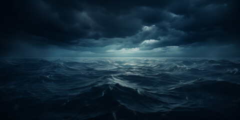 Rough Seas. Dramatic muted blue stormy cloudy sky reflecting on the troubled water surface. Panoramic wide angle view. Fantasy stormy sea. Cinematic stormy ocean with rays of light in the center. - obrazy, fototapety, plakaty