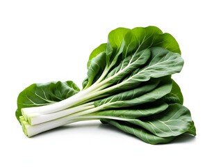 Bok choy with green leaves and white stems against a white background - obrazy, fototapety, plakaty