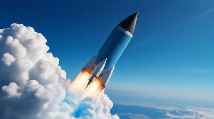 Naklejka na ściany i meble A combat rocket flying above the clouds in blue sky, Missile attack, air attack, war, missile strike. Hypersonic missile, simple