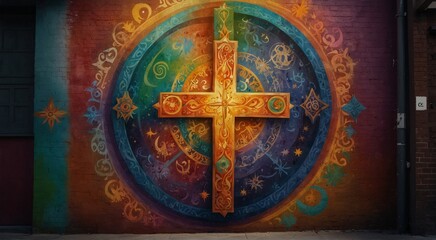 A vibrant mural art on wall depicting the peaceful coexistence of multiple religions, with symbols like the cross, crescent, Om, and Star in harmony. A mural of unity. Artistic illustration, Tradition
