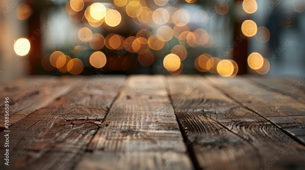 Poster A wooden table covered in various string lights, perfect for adding a cozy touch to any space