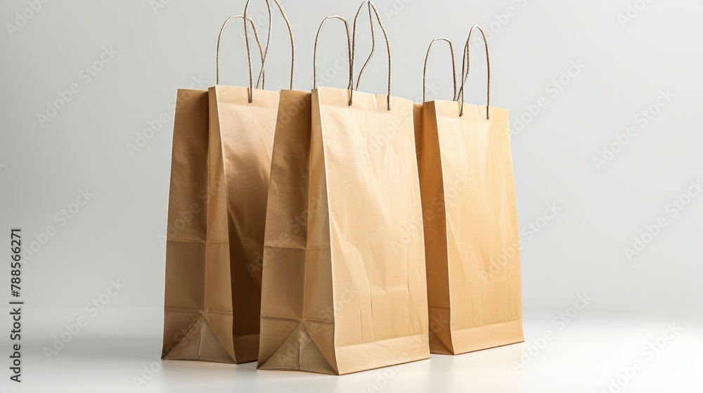 Poster three brown paper bags on top of a table. suitable for various concepts and designs