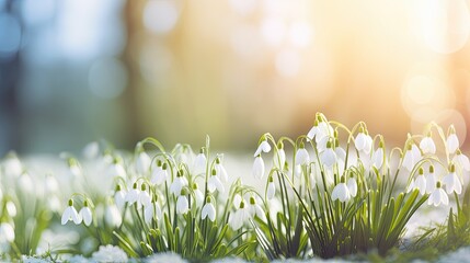 snowdrops in snow at sunrise