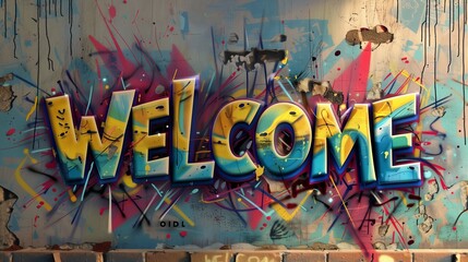 WELCOME in colorful spray stain word art in grafity style