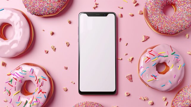 Smartphone in white screen for mock up on Donuts with crumbles and sprinkles pattern background - Powered by Adobe