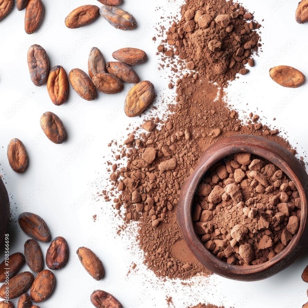 Aufkleber cocoa beans in a bowl next to a pile of cocoa beans. suitable for food and agriculture concepts