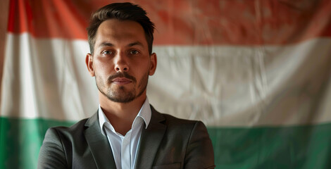 A portrait of a handsome Hungarian man highlighted by the vibrant colors of the Hungarian flag. Naturally beautiful Hungarian man with a feeling of national pride. - obrazy, fototapety, plakaty