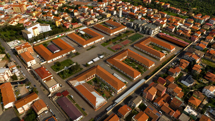 Aerial view of the Trieste barracks in Iglesias, southern Sardinia, Italy. It is a military...