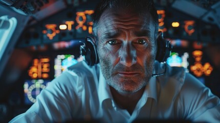 Fototapeta premium A man wearing headphones in a cockpit. Perfect for aviation industry promotions