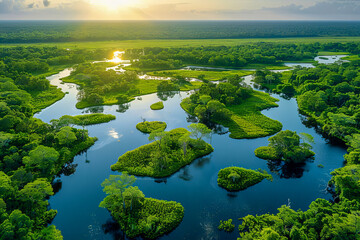 Thriving wetland ecosystem at sunset - obrazy, fototapety, plakaty