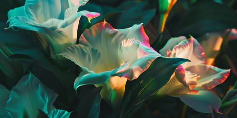 Vibrant Neon Glow on Surreal Tulips in a Fantasy Garden